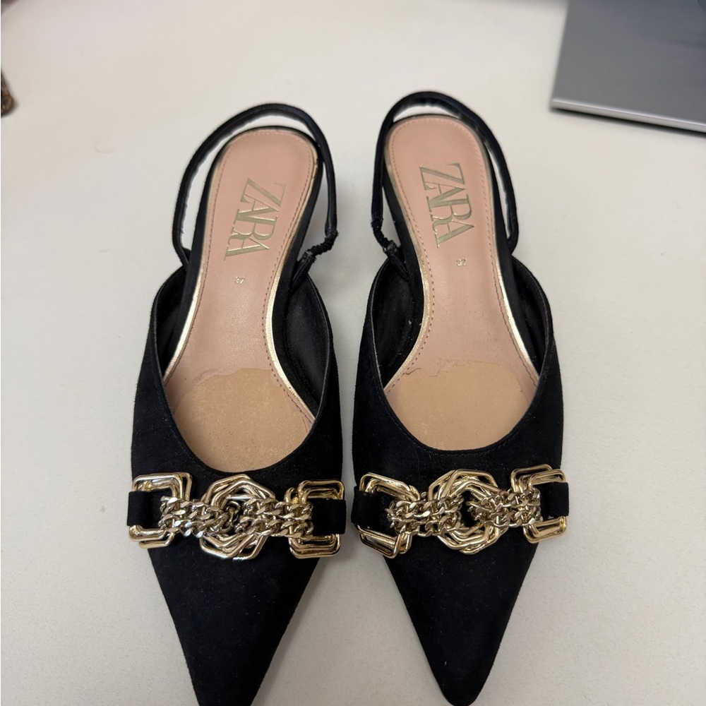 Zara Elegant Black Heels with Gold Chain Accent
